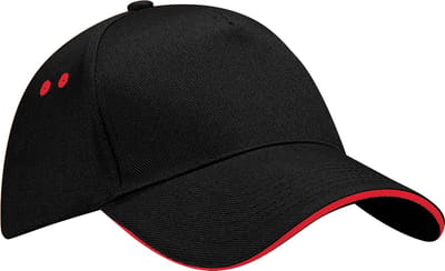 Beechfield Unisex Ultimate 5 Panel Contrast Baseball Cap met Sandwich Peak / Hoofddeksel (Zwart/Klassiek Rood)