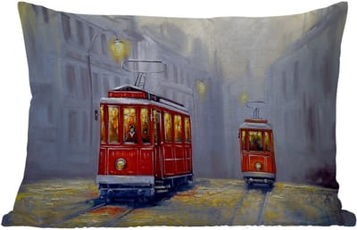 Buitenkussens - Tuin - Schilderij - Tram - Stad - Olieverf - 50x30 cm