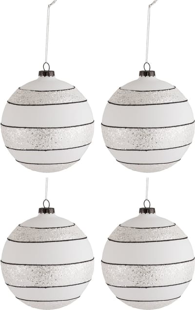 J-Line kerstbal Strepen/Glitter - glas - zwart/wit - large - doos van 4