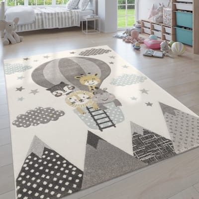 Paco Home Kinderkamer Vloerkleed Blauw Grijs Heteluchtballon Wolken Dieren 3D-Design Pastel 120x170 cm