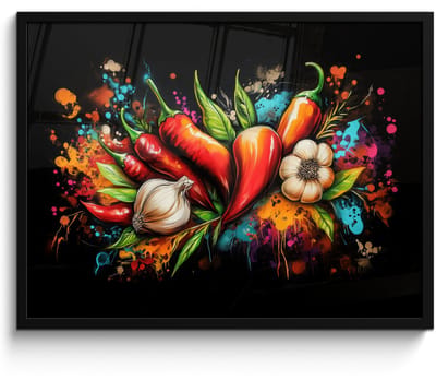 Poster in lijst - Fotolijst 70x50 cm - Posters - Groente - Peper - Knoflook - Graffiti - Verf - Kleurrijk - Posterlijst zwart - Decoratie - Wanddecoratie woonkamer - Muurdecoratie slaapkamer