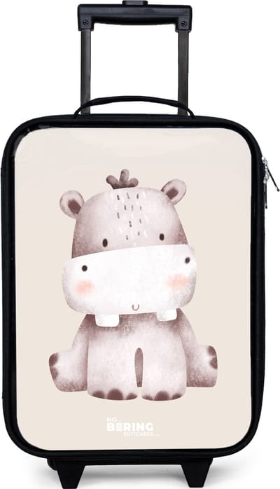 NoBoringSuitcases.com® - Kinderkoffer jongen - Kindertrolley meisje - Nijlpaard op beige achtergrond illustratie - Koffer kind lichtgewicht - Reiskoffer trolley voor kinderen - Koffertje met lichtgevende wieltjes - Rolkoffer zwart
