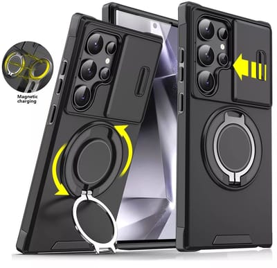 Hoesje Geschikt voor Samsung Galaxy S25 Ultra hoesje Zwart backcover met Met Draaibare Ring Houder en camera bescherming