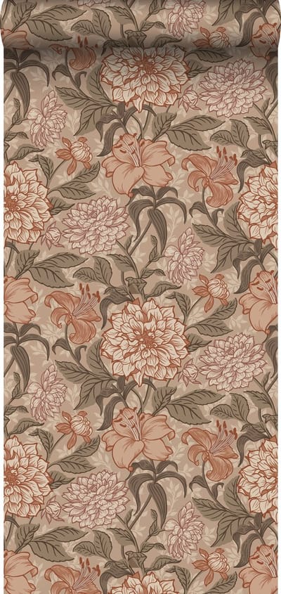 ESTAhome behang vintage bloemen oudroze, vergrijsd groen en terracotta roze - 53 cm x 10.05 m - 139380