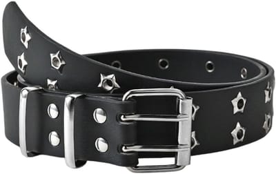 Punk-tailleriem voor dames van PU-leer met oogjes, verstelbare gesp en sterrenpatroon, vintage gothic stijl in zwart, perfect voor een edgy look