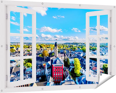 Gards Tuinposter Doorkijk Maastricht Stad met Huizen - 150x100 cm - Tuindoek - Tuindecoratie - Wanddecoratie buiten - Tuinschilderij