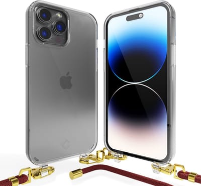 Coverzs telefoonhoesje geschikt voor Apple iPhone 14 Pro Max transparante case met koord - Telefoonhoesje met koord - Backcover hoesje met koord - touwtje - donkerrood