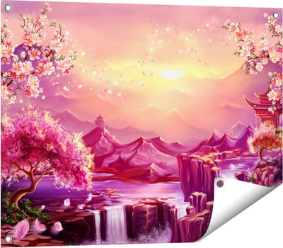 Gards Tuinposter Illustratie van Watervallen met Bloesems - 80x60 cm - Tuindoek - Tuindecoratie - Wanddecoratie buiten - Tuinschilderij