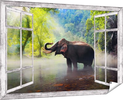Gards Tuinposter Doorkijk Olifant in het Water - 180x120 cm - Tuindoek - Tuindecoratie - Wanddecoratie buiten - Tuinschilderij
