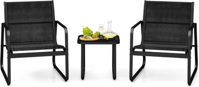 KOMFOTTEU 3-delige tuinset - tuinmeubelset met 2 tuinstoelen en glazen bijzettafel - bistroset voor 2 personen - balkonset van metaal en stof - balkonmeubel outdoor - voor tuin, balkon, terras