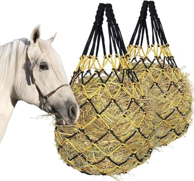 1 paar hooinetten voor paarden - hooinetzakken - voerzakken - slowfeed hooizakken - voor paarden, geiten, schapen - hangend - 40 inch - hooivoerzakken - voor stallen, schuren, paddocks en rustspeelgoed - zwart en geel