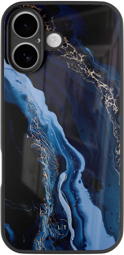 Hoesje geschikt voor iPhone 16 - Marmer lagoon blauw - Luxe Glazen Hardcase - Marmer - Blauw - Leuke Telefoonhoesjes