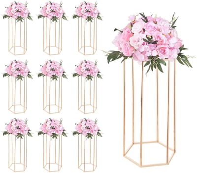 Set Van 10 Gouden Bloem Display Stands, 60 cm Hexagonale Kolom Ontwerp Met Acryl Panelen, Ideaal voor Bruiloften, Feesten, Verjaardagen en Thuisdecoraties