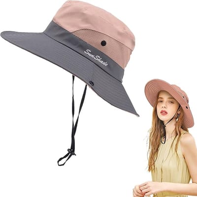 QTTVBTNA – 1 Stuk Zonnehoed dames - Bucket hat- Strandhoeden - Paardenstaart zomer zon UV- Met paardenstaart-opening - bescherming hoed opvouwbare - zonnehoed met brede rand voor strand,safari,vissen - Roze