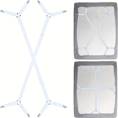 Sangle de support de drap réglable en 2 pièces - Support croisé pour toutes les tailles de matelas, attaches triangulaires élastiques, nylon noir, support de drap blanc