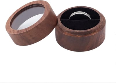 Ronde Houten Ringdoos van Walnoot 5x3.5cm met Helder Venster en Zwarte Velvet Inleg voor Verlovingen, Verjaardagen en Sieradenopslag
