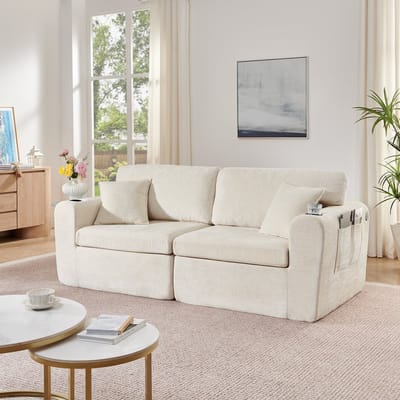 FloraGrace 2-Zitsbank Compact - Met USB, Zijvak, Bekerhouders En Kussens - Voor Kleine Woonruimtes - Chenille - Beige