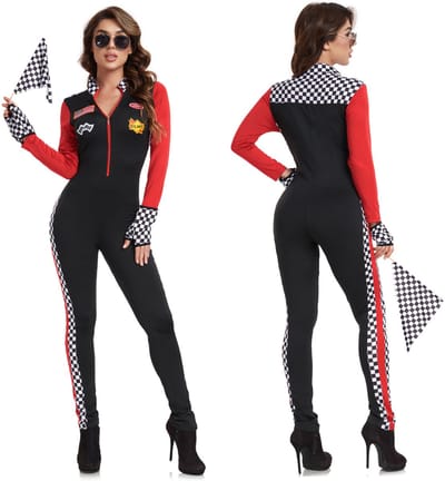 Joya Party® Verkleedpak Formule Sexy Pitspoes Vrouw Volwassenen | Racing Verkleed Pak | Circuit Race Jumpsuit met Handschoenen & Startvlag | Stretch Carnaval Halloween Racepak Outfit | Maat S