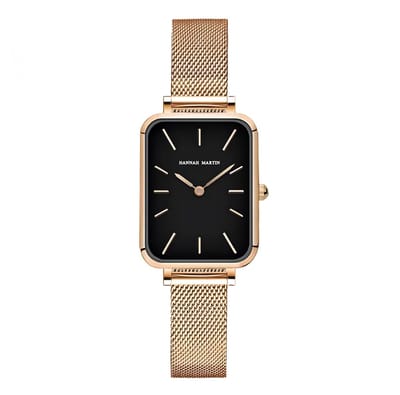 Hannah Martin Rechthoekig Horloge | Rose Goudkleurig | Zwarte Plaat | Dames Horloges |