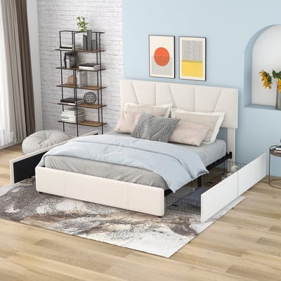 Tweepersoons gestoffeerd platformbed met vier lades aan twee zijden - verstelbaar hoofdeinde - beige (140*200 cm)