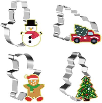 Cookie Cutter Set, 4-delig roestvrij stalen kerst koekjessnijders voor het bakken - kerstboom cookie snijder, sneeuwpop, peperkoek