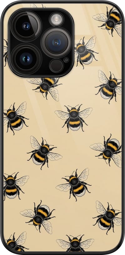 Hoesje geschikt voor iPhone 14 Pro - Bijen print - Luxe Glazen Hardcase - Luipaardprint - Grijs - Leuke Telefoonhoesjes