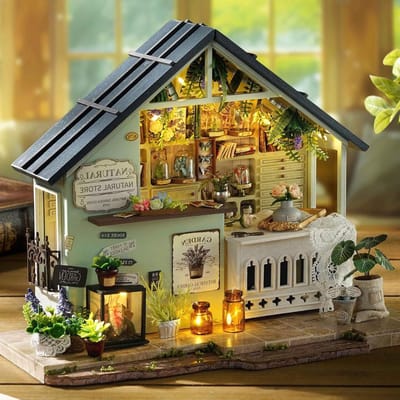 Miniatuur Poppenhuis - Houten Bouwpakket - Creatief Hobby - Gedetailleerd Diorama - Schaal 1:12 - Groen