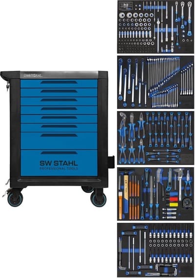 SW-Stahl Z3110 professionele werkplaatswagen TT801 blauw I 8 laden I 5 laden gevuld I 341 delig I werkplaatswagen voorzien van gereedschap I twin-lock I werkplaatswagen kit I volledig uitgerust