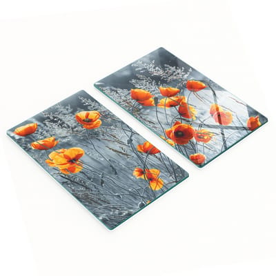 Twee decoratieve snijplanken van gehard glas met klaprozenmotief, 2x30x52 cm