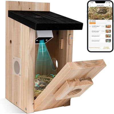 DIMICO - Vogelhuisje met camera 5MP - Slimme Nestkast - Birdhouse - Houten Nestkastje - met Nachtzicht, Audio en Bewegingsdetectie