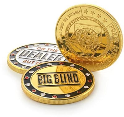 Pokerbuttonset met metalen munten - 1 dealer knop, 1 klein blind, 1 big blind