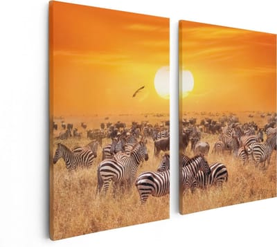 Artaza Canvas Schilderij Tweeluik Kudde Zebra's Bij Een Oranje Zonsondergang - 80x60 - Foto Op Canvas - Canvas Print
