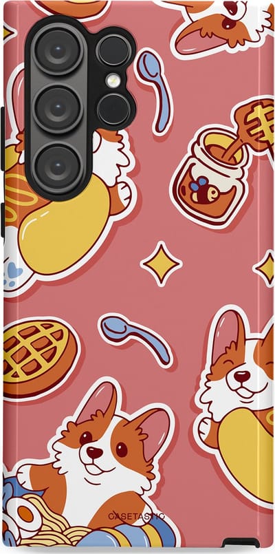 Casetastic Hoesje Geschikt voor Samsung S23 Ultra - Stijlvolle Beschermende Duo-layer Case - Corgi snacks
