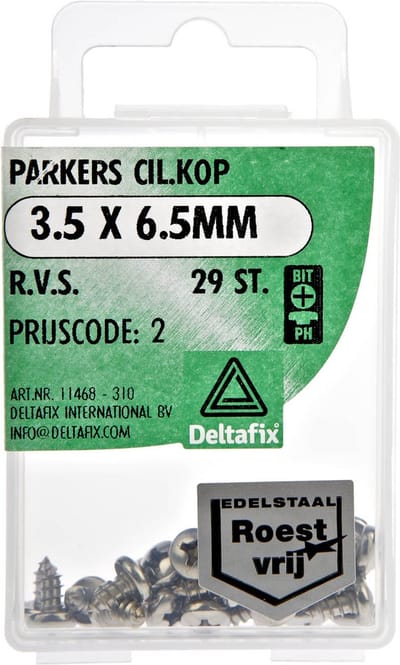 Deltafix.PARKERS CIlinder KOP 3.5 x 6.5MM . R.V.S. 29 Stuks metaal schroeven. Hout schroef.