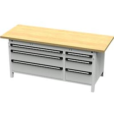Otto Kind brede werkbank type 425, multiplexplaat van beukenhout, met overhang, tot 1400 kg, B 2004 x D 750 x H 850 mm, staal, centrale vergrendeling, lichtgrijs/lichtgrijs