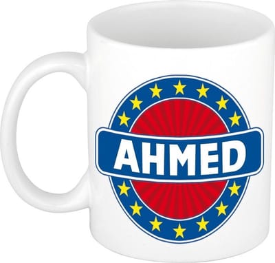 Bellatio Decorations - Ahmed voornaam - koffiemok - beker - wit/blauw - 300 ml - Cadeau - Heren - Collega - Vaderdag - Verjaardag