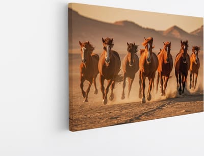 Saammp Canvas Schilderij -Groep paarden in galop- Dieren - Natuur - 45x30 - Foto op canvas - Wanddecoratie - muurdecoratie Woonkamer - Slaapkamer decoratie - Canvas Print