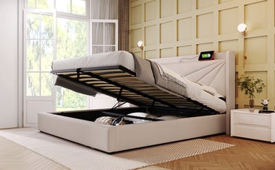 REDOM Opbergbed 160x200 cm – Katoen-linnen – USB & Type-C – Geometrisch hoofdbord – Beige – 300 kg