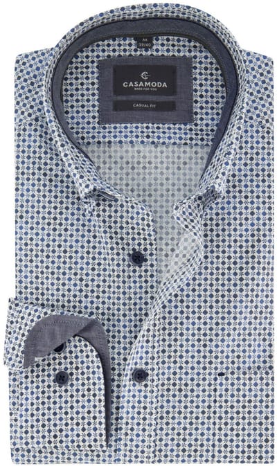 CASA MODA Sport casual fit overhemd - popeline - wit - blauw - donkerblauw dessin
