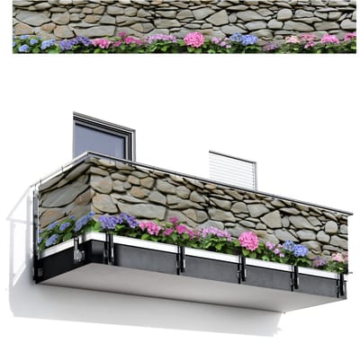 Balkonscherm 500x75 cm - Balkonposter Hortensiaâ€™s - Stenen - Muur - Bloemen - Balkon scherm decoratie - Balkonschermen - Balkondoek zonnescherm