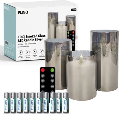FlinQ LED Kaarsen met Bewegende Vlam in Smoked Glass - Inclusief Batterijen en Afstandsbediening met Timer en Dimfunctie - Nep Kaarsen met Flikkerende Vlam - Dinerkaarsen - 3 stuks- Zilver