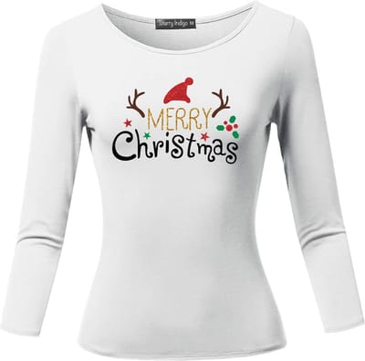 Starry Indigo - Dames T-shirt / Kerstkleding / Christmas Familie bijpassende glitter outfits | 3/4 Mouw | Wit | Maat L