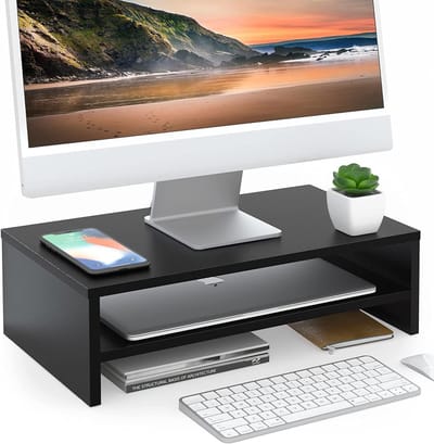 Famanu – Houten dubbele monitorverhoger met twee niveaus, praktische bureau-organizer, 42 x 23 x 14 cm, zwart