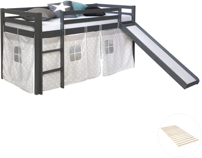 Homestyle4u Hoogslaper - 90x200 cm - met lattenbodem - met glijbaan - gordijn met sterrenmotief
