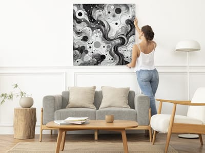 Abstract zwart wit schilderij | Monochroom mysterie: een abstracte dans van zwart en wit | Kunst - 40x40 centimeter op Dibond | Foto op Dibond