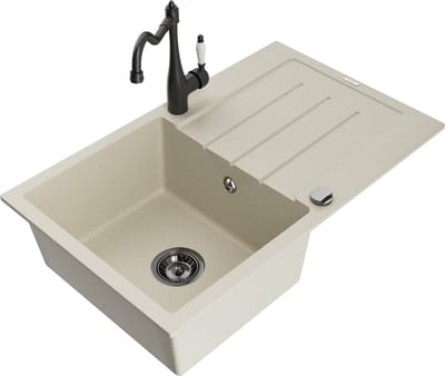 Mexen Bruno granieten gootsteen 1-kamerig met afdruiprek en keukenmengkraan Carla, beige - 6513-69-670700-70