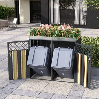 Wishdor - Containerombouw Met Geïntegreerde Plantenbak - Afsluitbaar - 2 Deuren - Voor Tuin - Staal - Grijs Houtlook