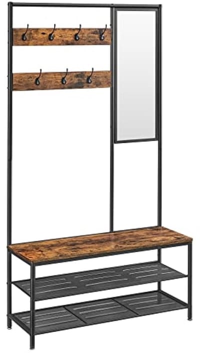Nazik Living 4-in-1 Kledingrek met Spiegel, Schoenenopslag en Opbergbank – 35 x 98 x 180 cm – Industrieel Design – Rustiek Bruin/Zwart