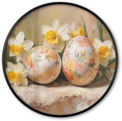Poster in lijst Rond - Fotolijst 60x60 cm - Posters - Bloemen - Eieren - Geschilderd - Ronde posterlijst zwart - Decoratie - Wanddecoratie woonkamer - Muurdecoratie slaapkamer