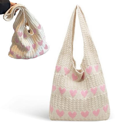 Dailygoods - Gebreide schoudertas, gebreide tas, gehaakte tas, tote bag, hartvormige strandtas, schoudertas, geweven tas, crochet bag voor tieners en meisjes, hartvormig modieus (38 x 35 cm)
